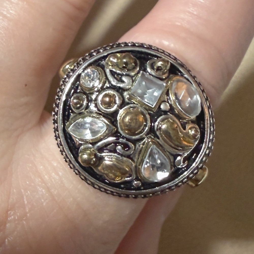 Statement Ring Multi Gemstone Gold and Silver Tone Mixed Metal Adjustable Band - Picture 3 of 12